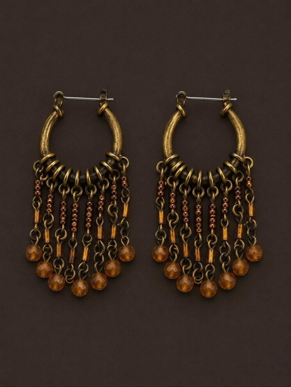 Vintage Antique Brass Beaded Chandalier Fringe Dangle Hoop Huggie Earrings